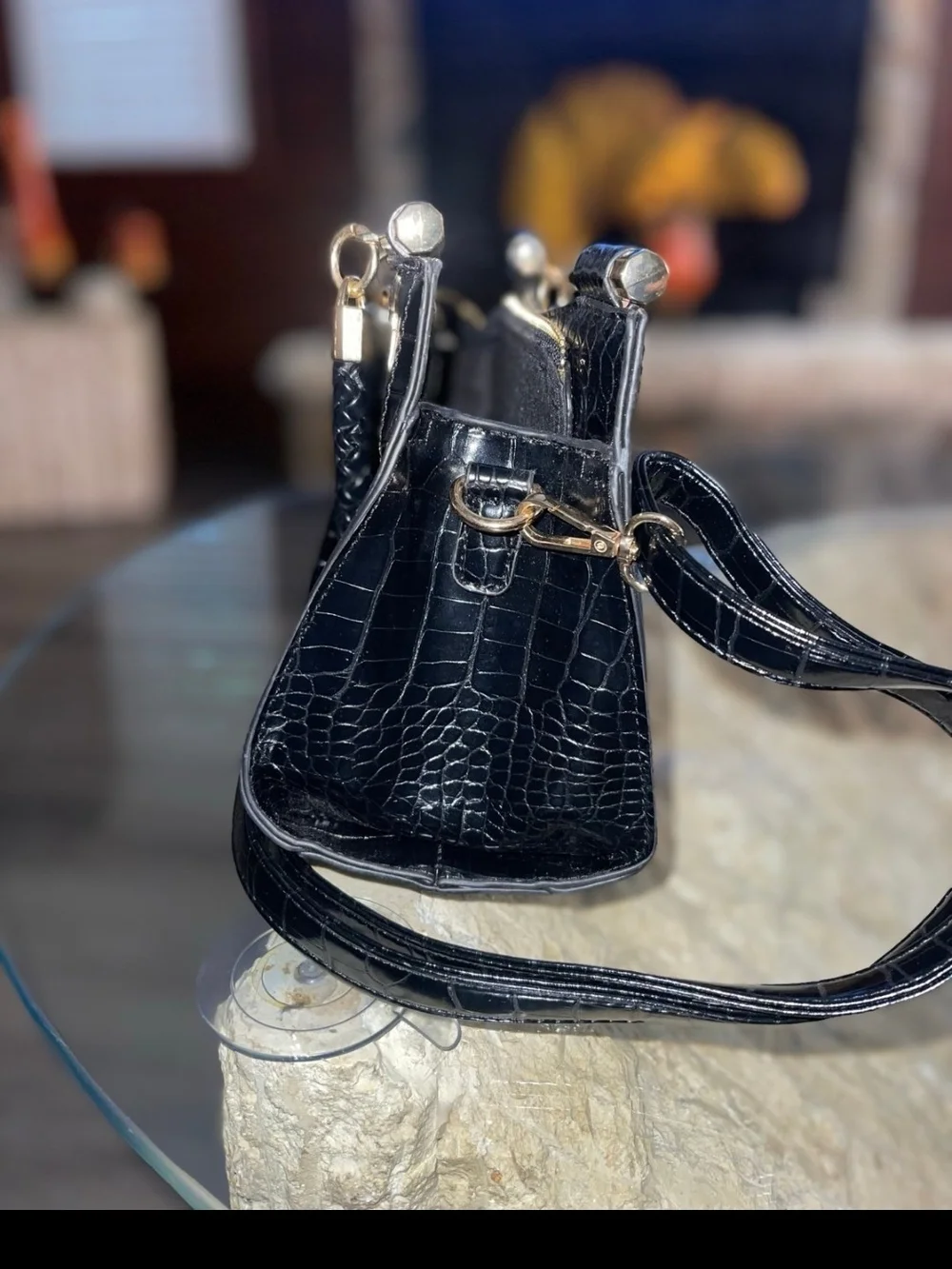 Bebe au Lait Black Croc-Embossed Mini Satchel with Gold Hardware